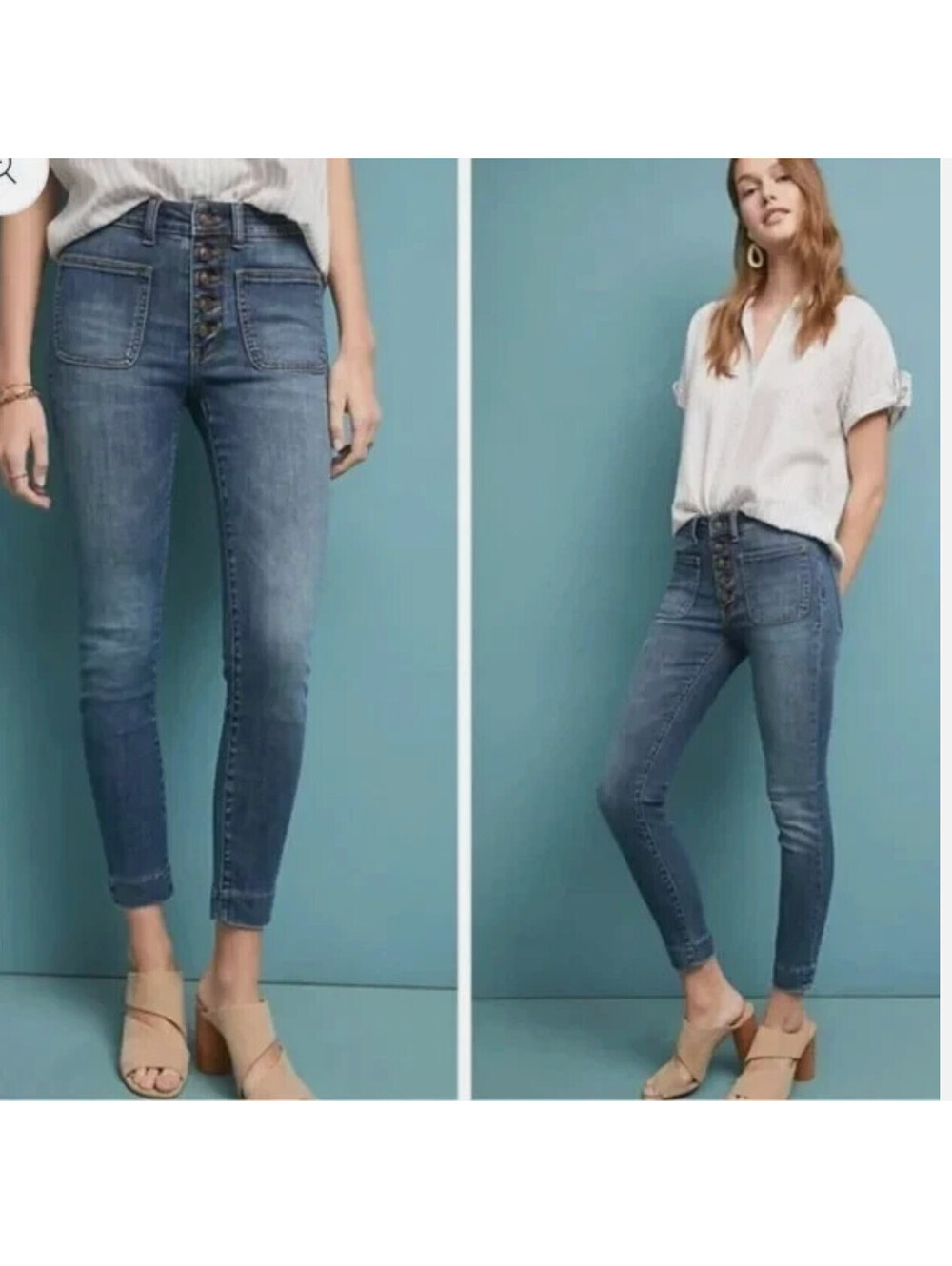 Anthropologie Pilcro High Rise Blue Denim Legging Button Fly Jeans Size 28